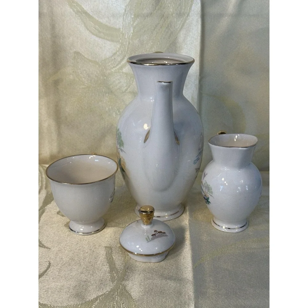 Antique Bavaria Germany Porcelain Coffee Chocolate Scenic Gold Trim 3 Pc 1920s